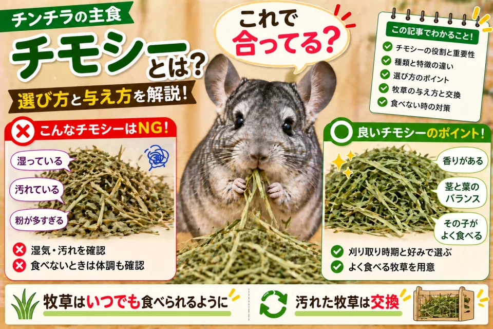 チンチラの主食チモシーとは？選び方と与え方を解説